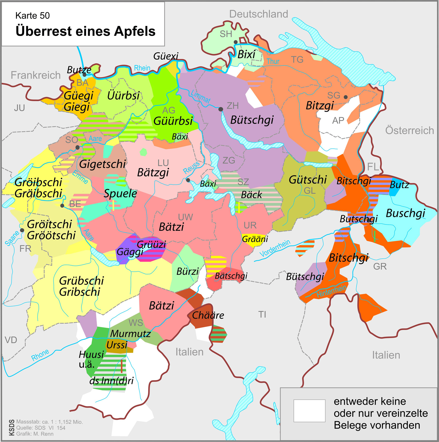 Dialektkarte: die verschiedenen Bezeichnungen für den Überrest eines Apfels in der Deutschschweiz, von Bütschgi über Bätzi bis Grübschi