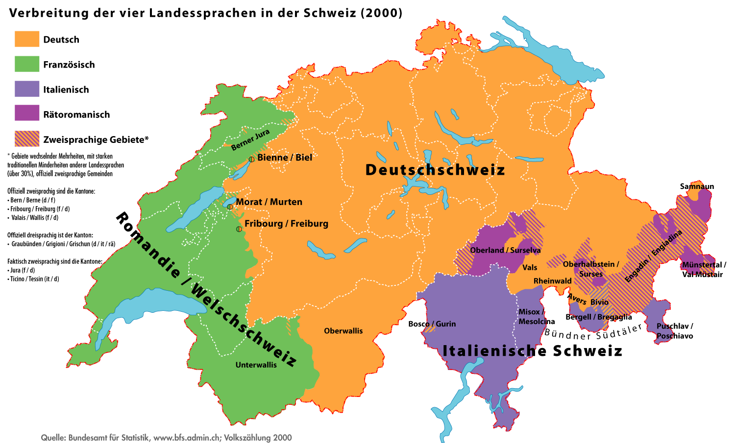 Karte: Verbreitung der vier Landessprachen in der Schweiz, Deutsch, Französisch, Italienisch und Rätoromanisch